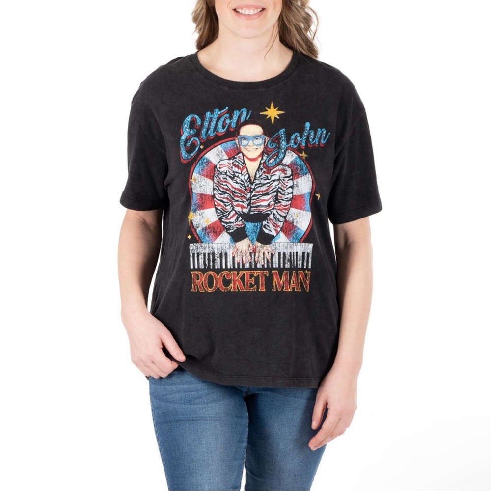 NWT CLOSEOUT PRICE Elton John Rhinestone Rocket Man Tee. Multiple Sizes. Black